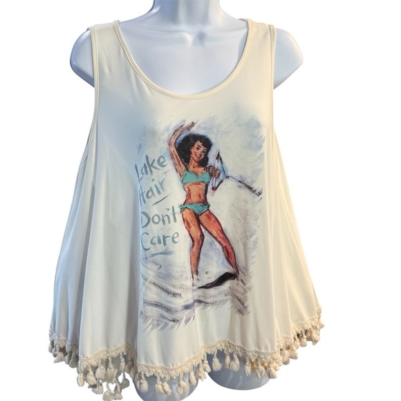 Judith March Tops - Judith March “Lake Hair Don’t Care” Cream Fringed Tank Top Size Medium in EUC.